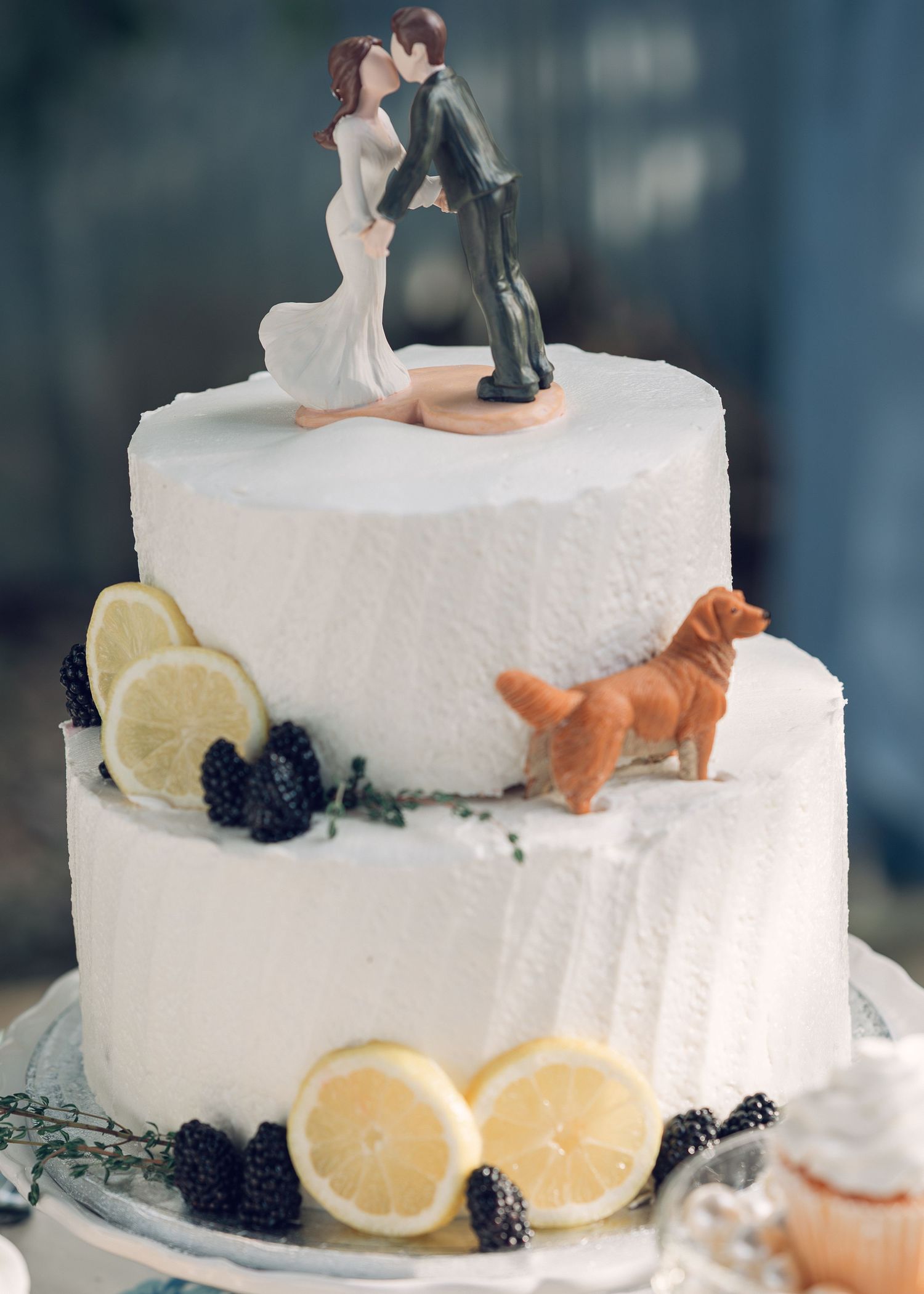 Two-tier white wedding cake with bride and groom topper, golden retriever figurine, lemon slices, and fresh blackberries.