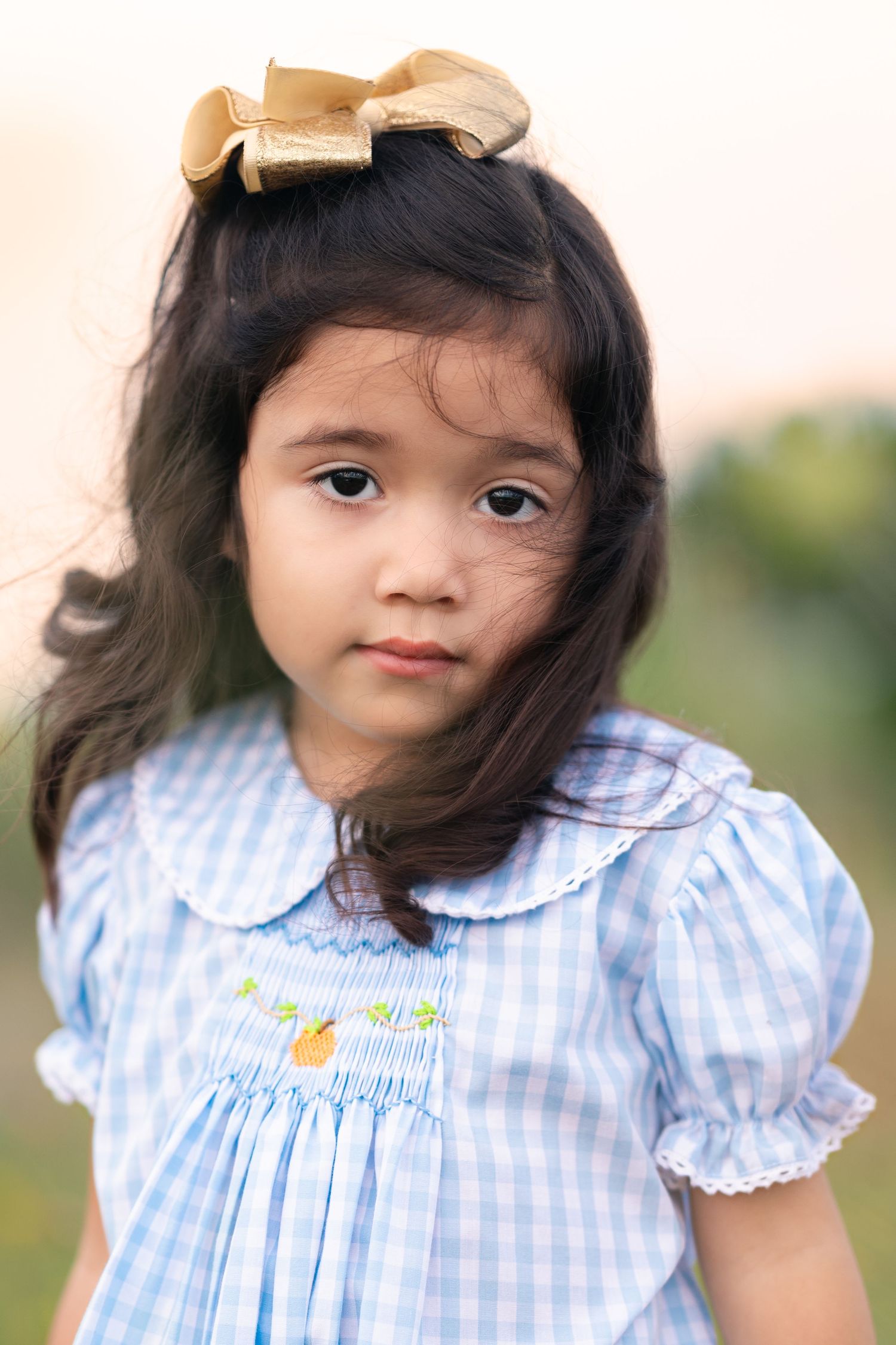 A child wearing a blue gingham dress with puff sleeves and a tan bow in their hair poses outdoors.
