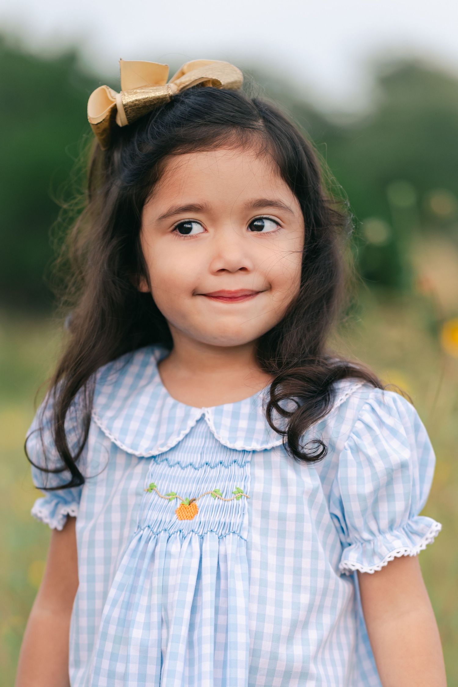 A child in a blue gingham dress with a tan bow smiles warmly at the camera.