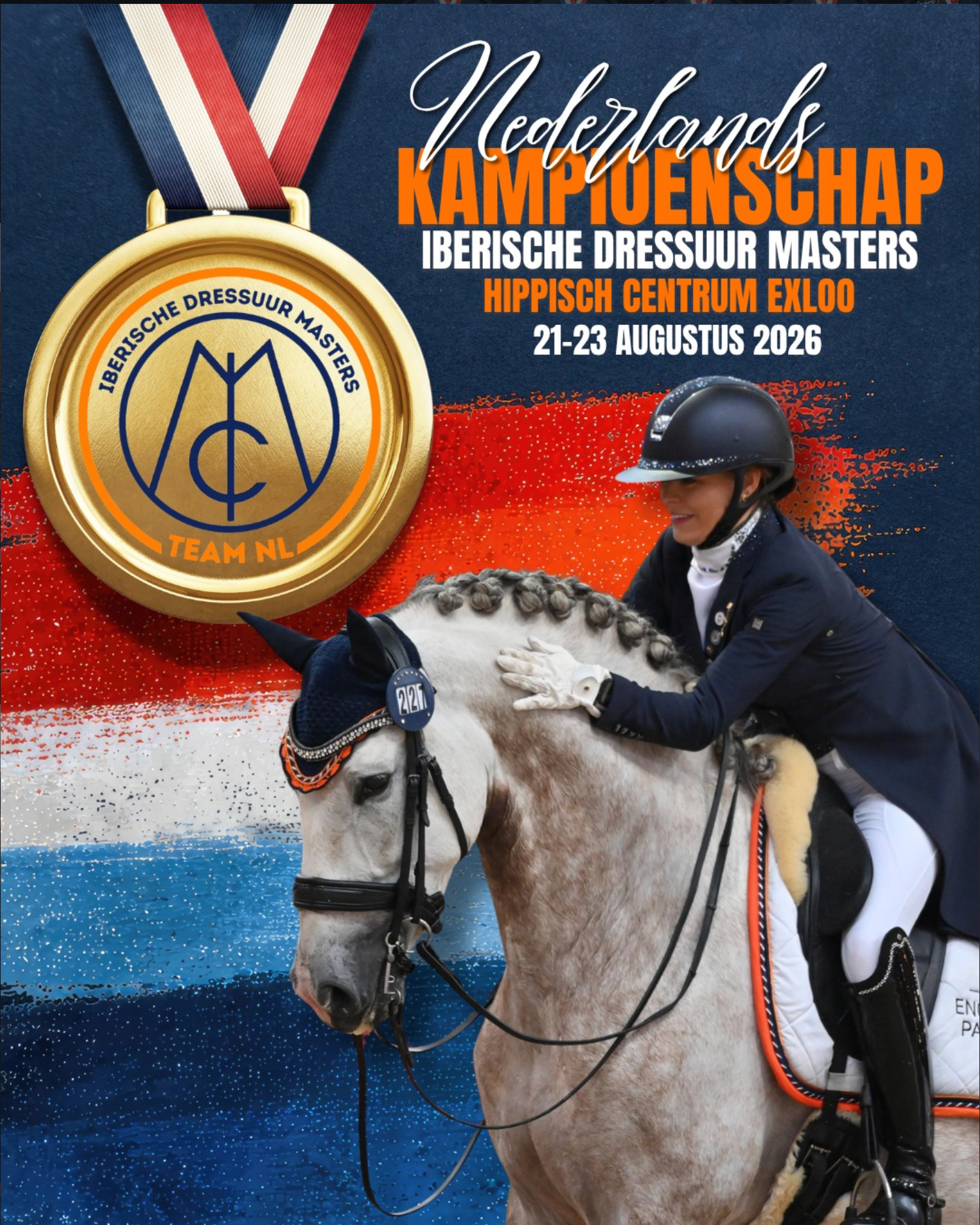Dutch Championship Iberische Dressuur Masters poster featuring a rider on a gray horse at Hippisch Centrum Exloo, August 2026.