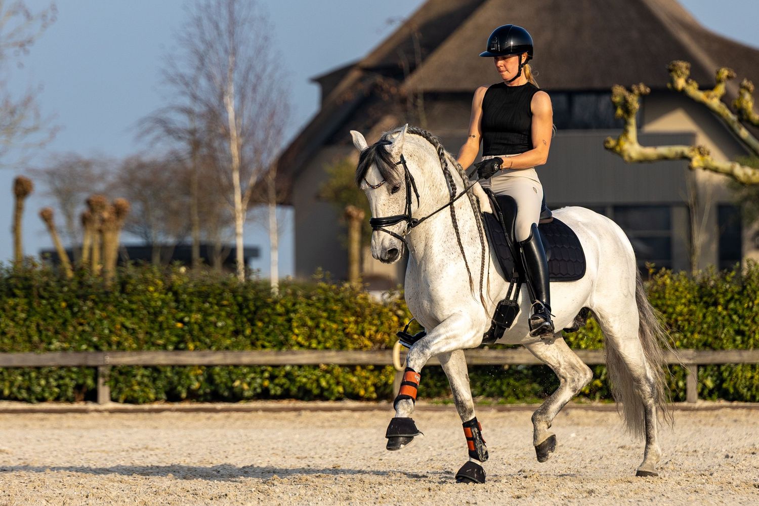 A female equestrian in black helmet rides a white horse during dressage training in an outdoor arena.