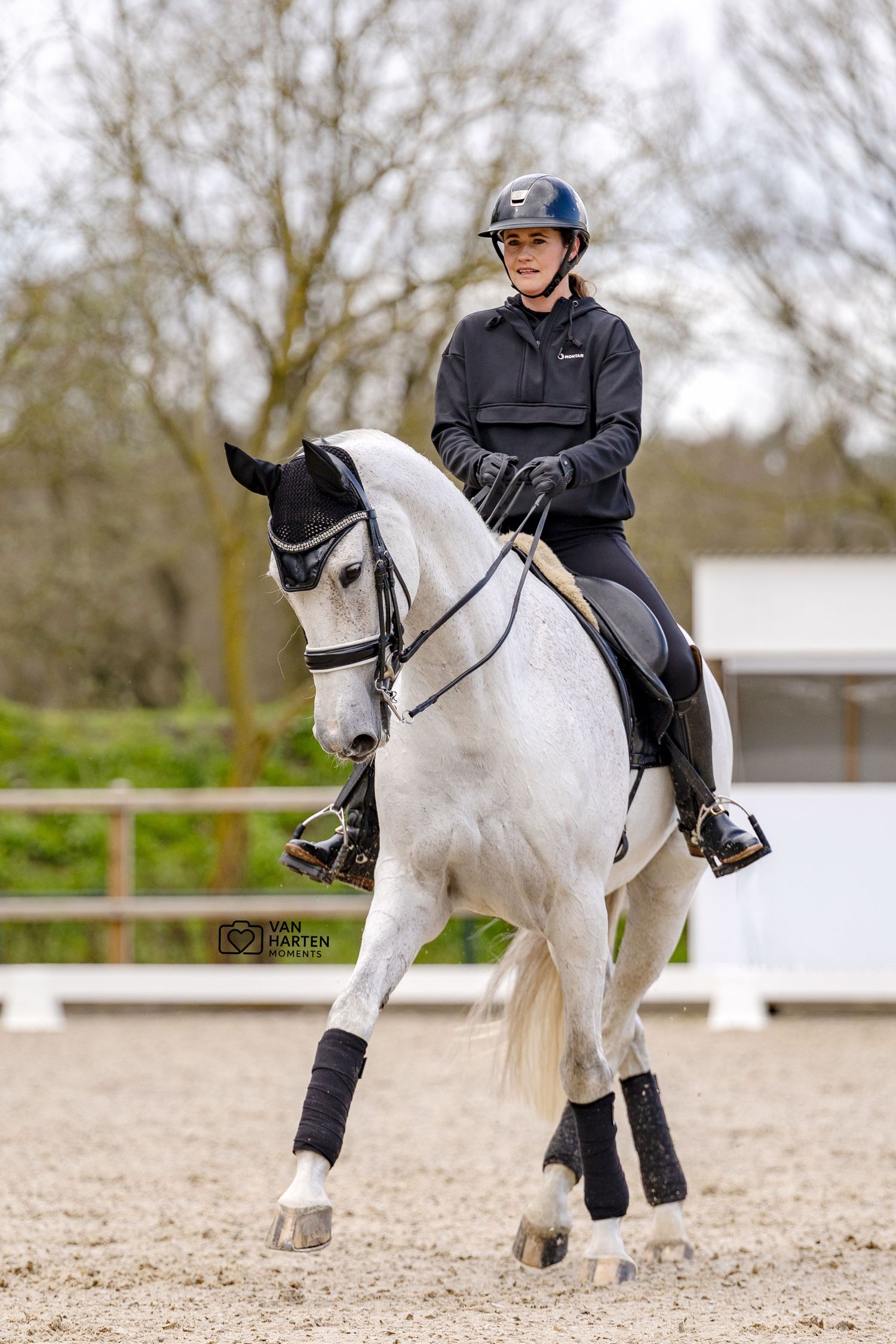 A rider in black attire on a grey dressage horse performing in an outdoor arena.