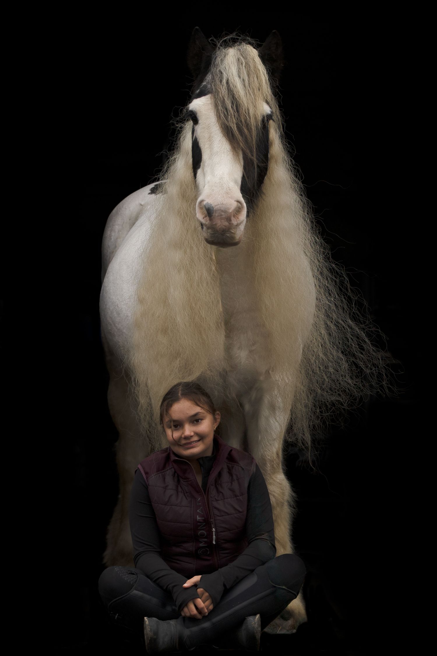 Blackfoto van een zwart bonte Tinker met lange manen. Verzorgster zit voor zijn benen op de grond in kleurmakers zit.