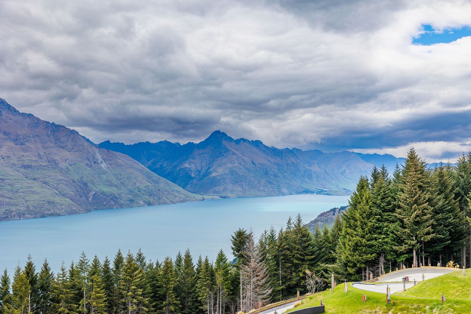 Scenic mountain landscape with evergreen trees and cloudy sky in New Zealand.