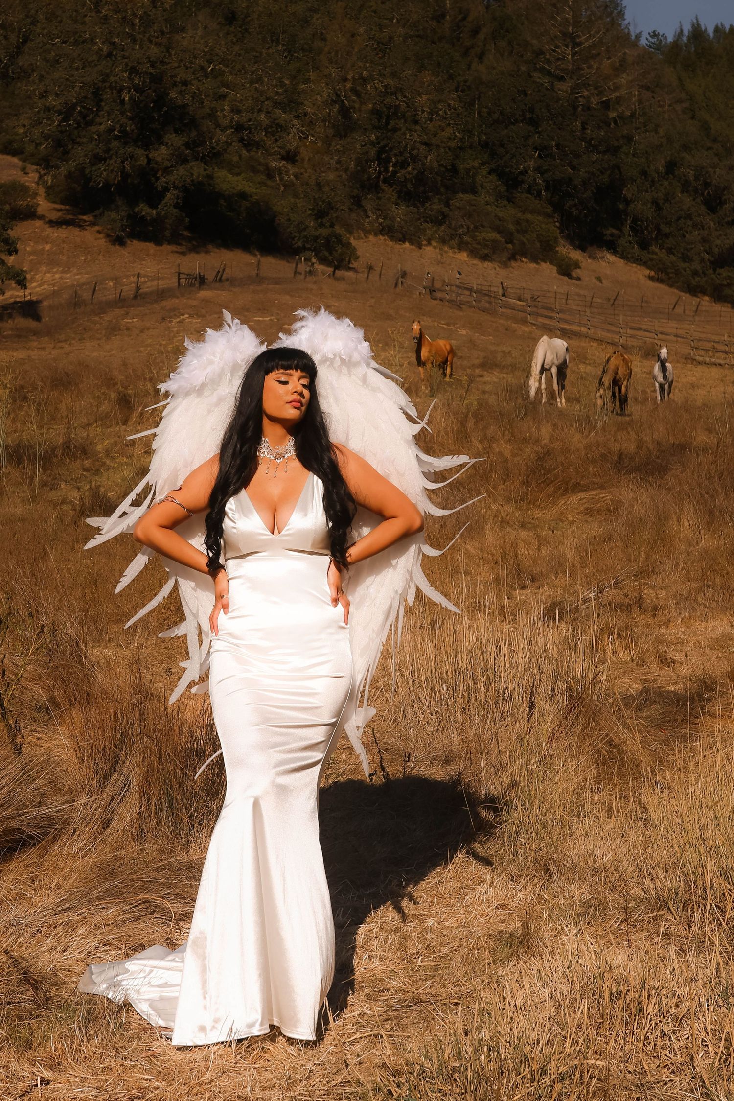 A figure in a flowing white dress and angelic white wings poses dramatically in a golden grassy field with horses visible in the background.