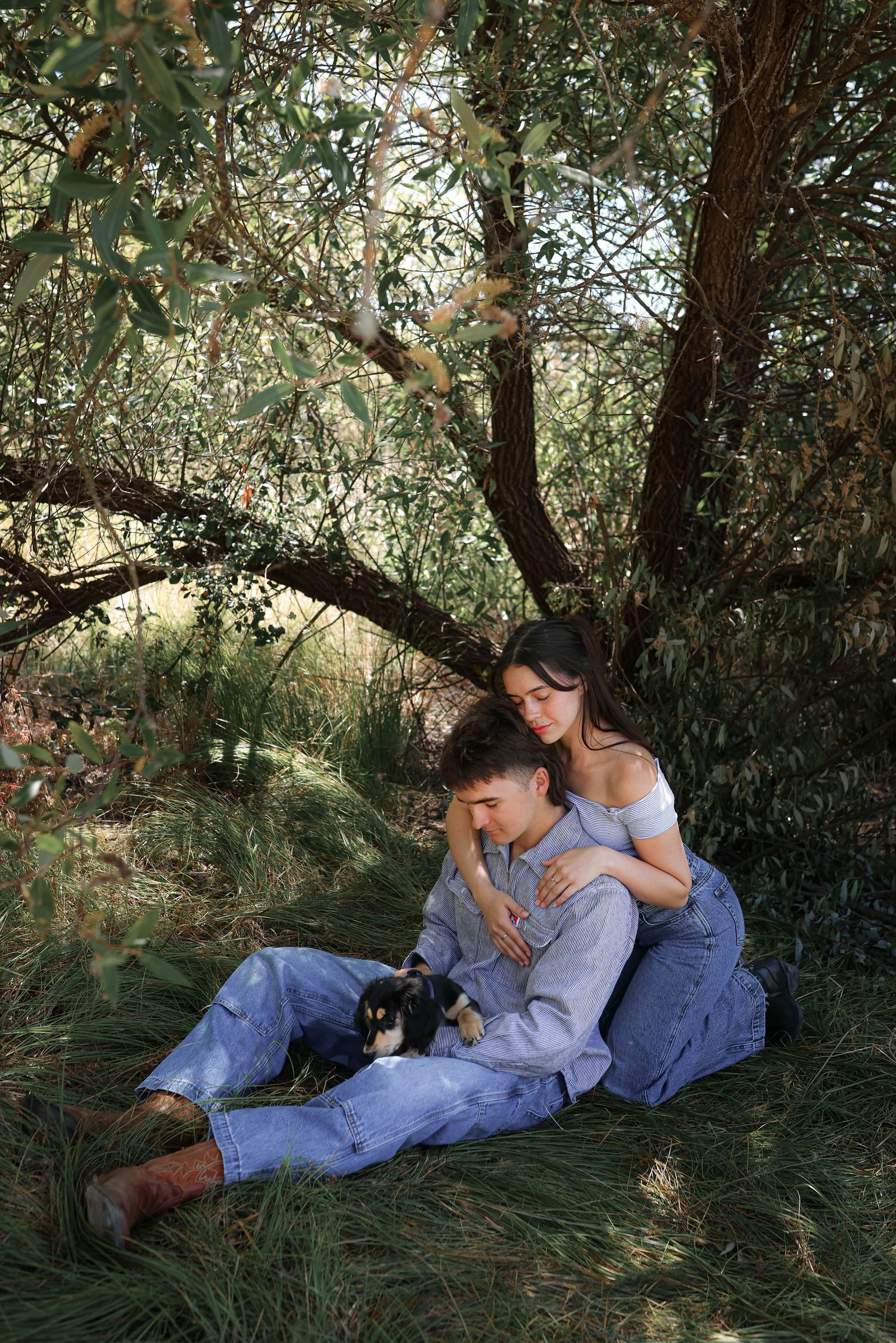 A couple rests together under a tree in a garden setting, accompanied by their small black dog on a sunny afternoon.