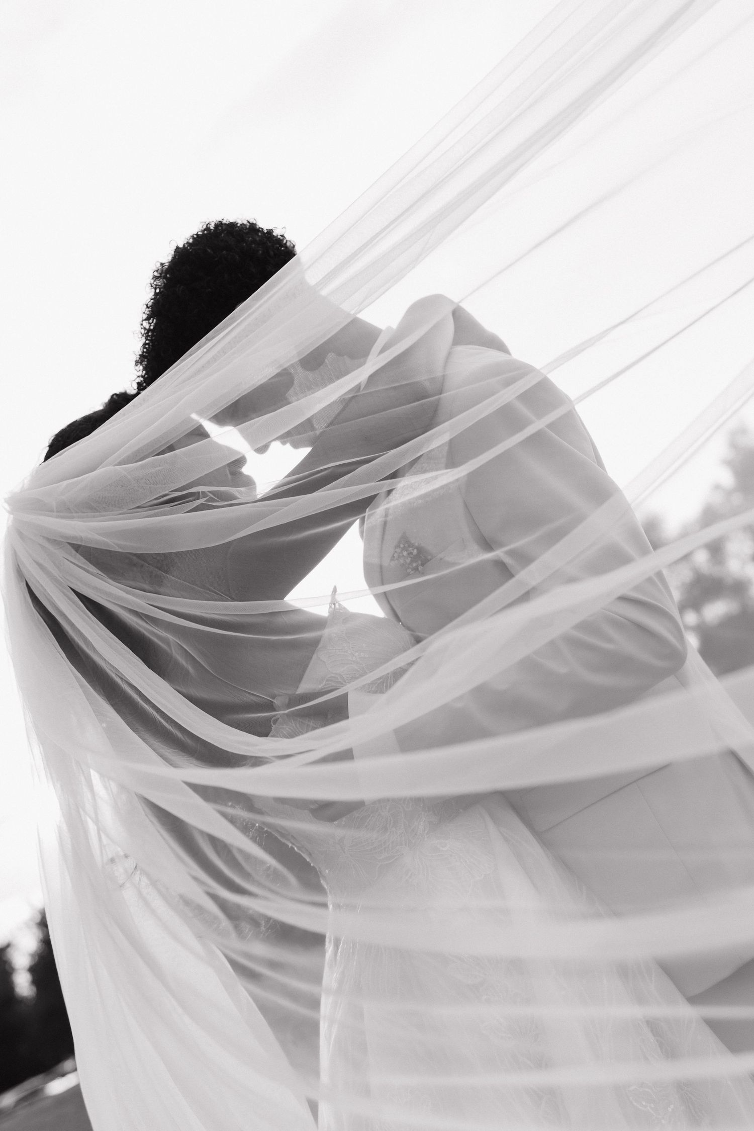 A flowing white wedding veil billows dramatically in the wind against a dark background in black and white.