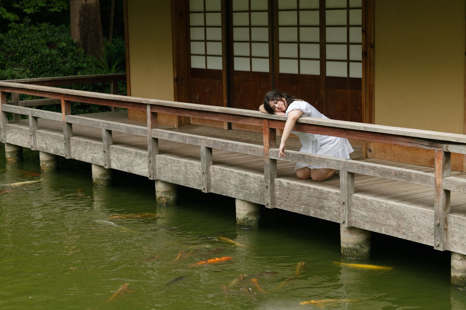 A wooden boardwalk extends over a green pond with railings and a covered walkway structure visible.