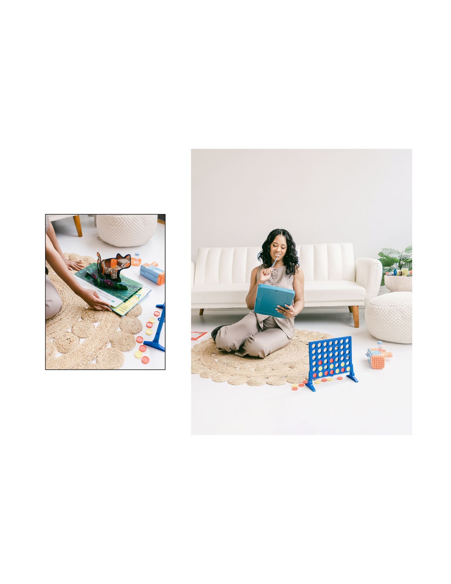Woman sitting on a rug reading a tablet near a blue Connect Four game, with a white sofa in a bright living room.
