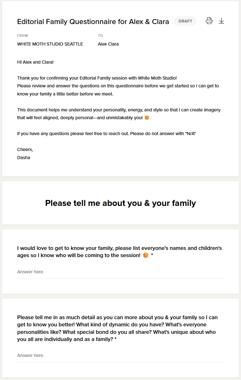 Editorial family photography questionnaire form draft by White Moth Studio Seattle for clients Alex and Clara.