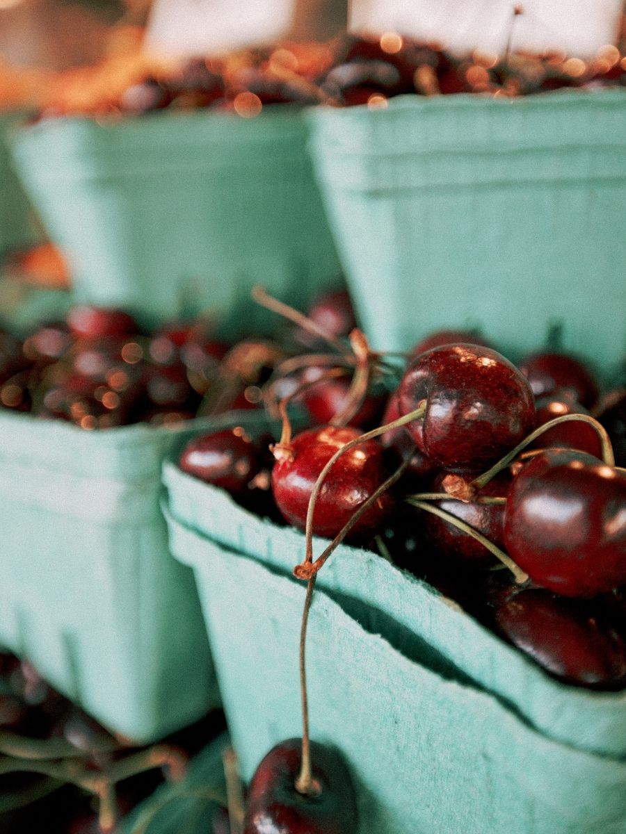Fresh dark red cherries piled in mint green cardboard berry baskets at a farmers market.