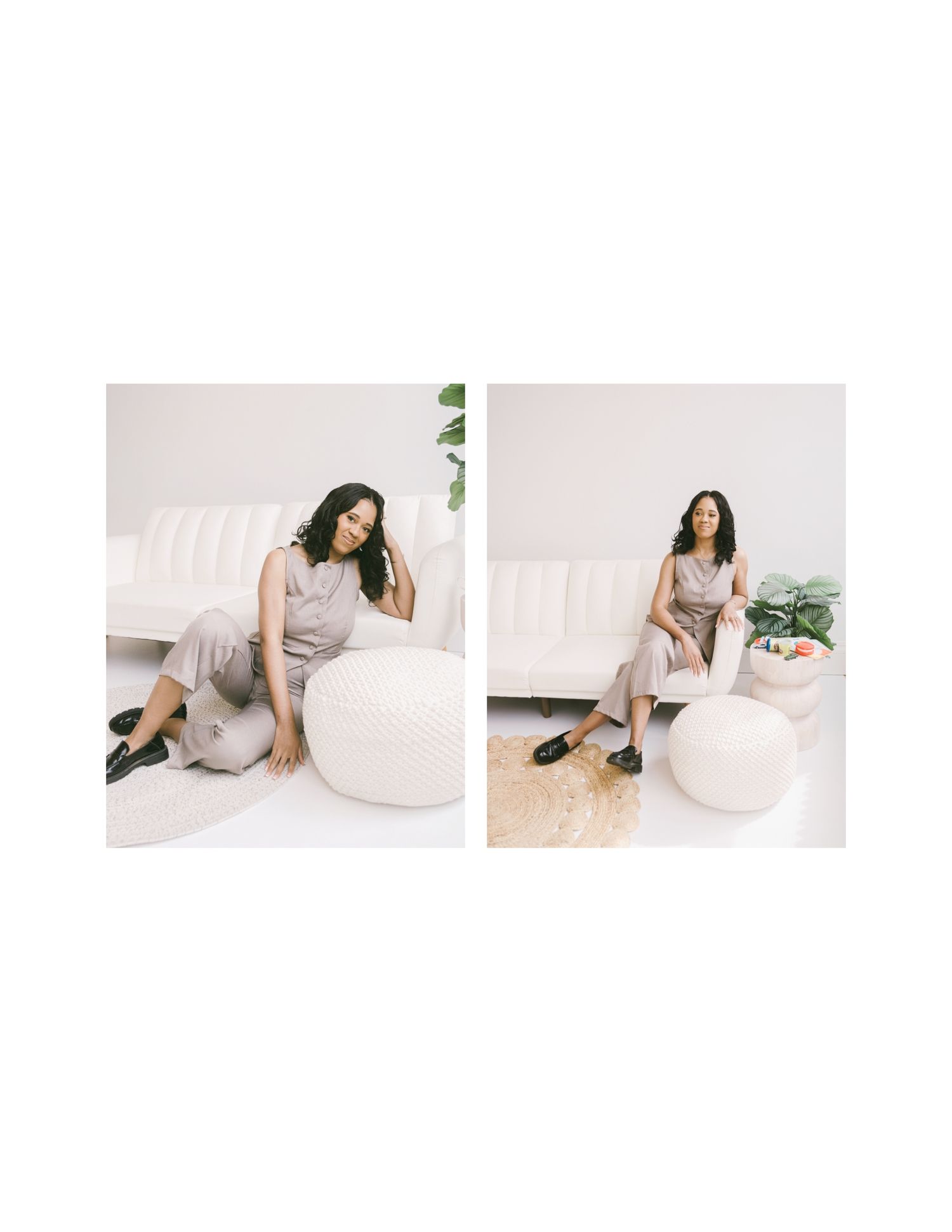 Woman in beige sleeveless jumpsuit sitting on white sofa beside round ottoman in minimalist white living room.