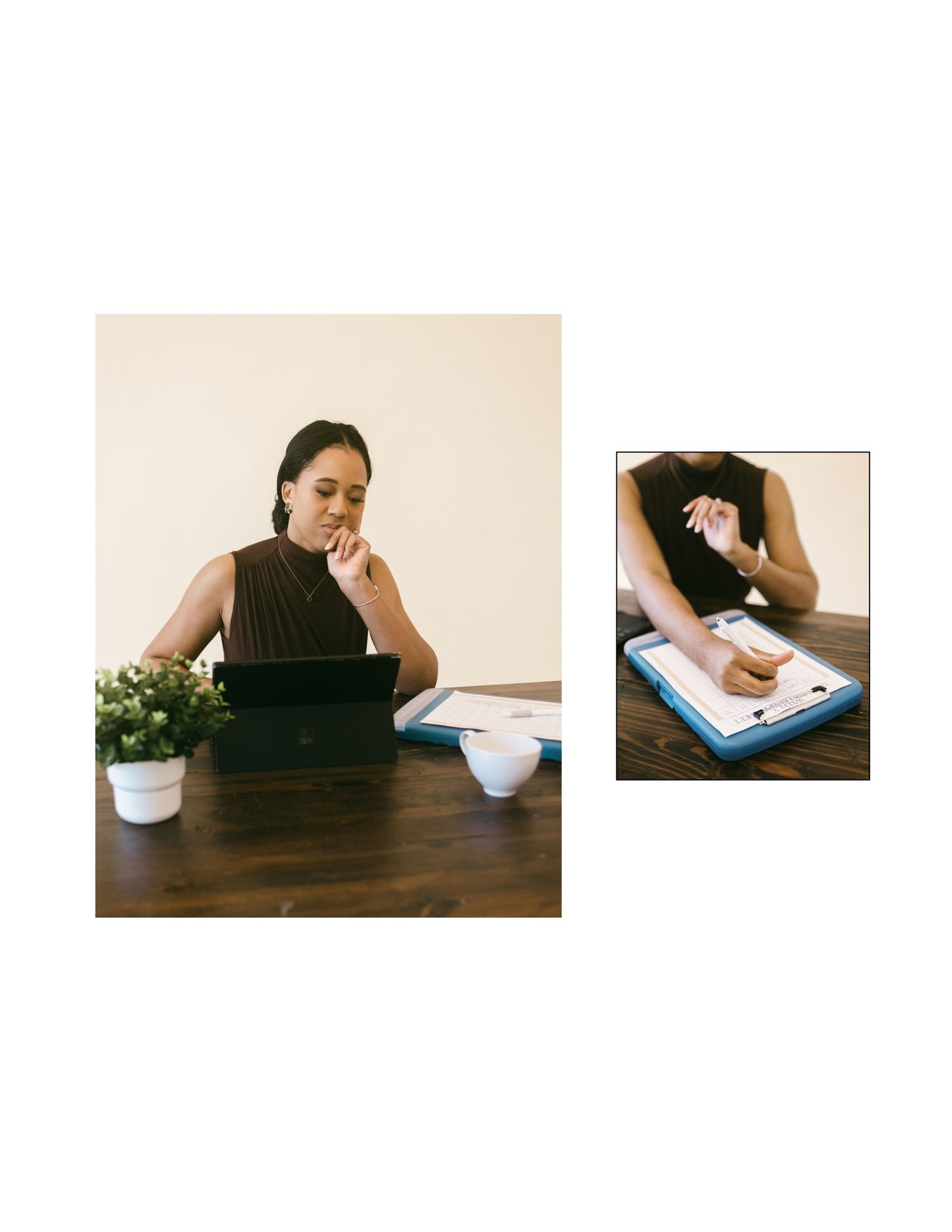 Woman working on tablet at wooden desk with notepad, beside a smaller image of hands writing on a cushioned lap desk.