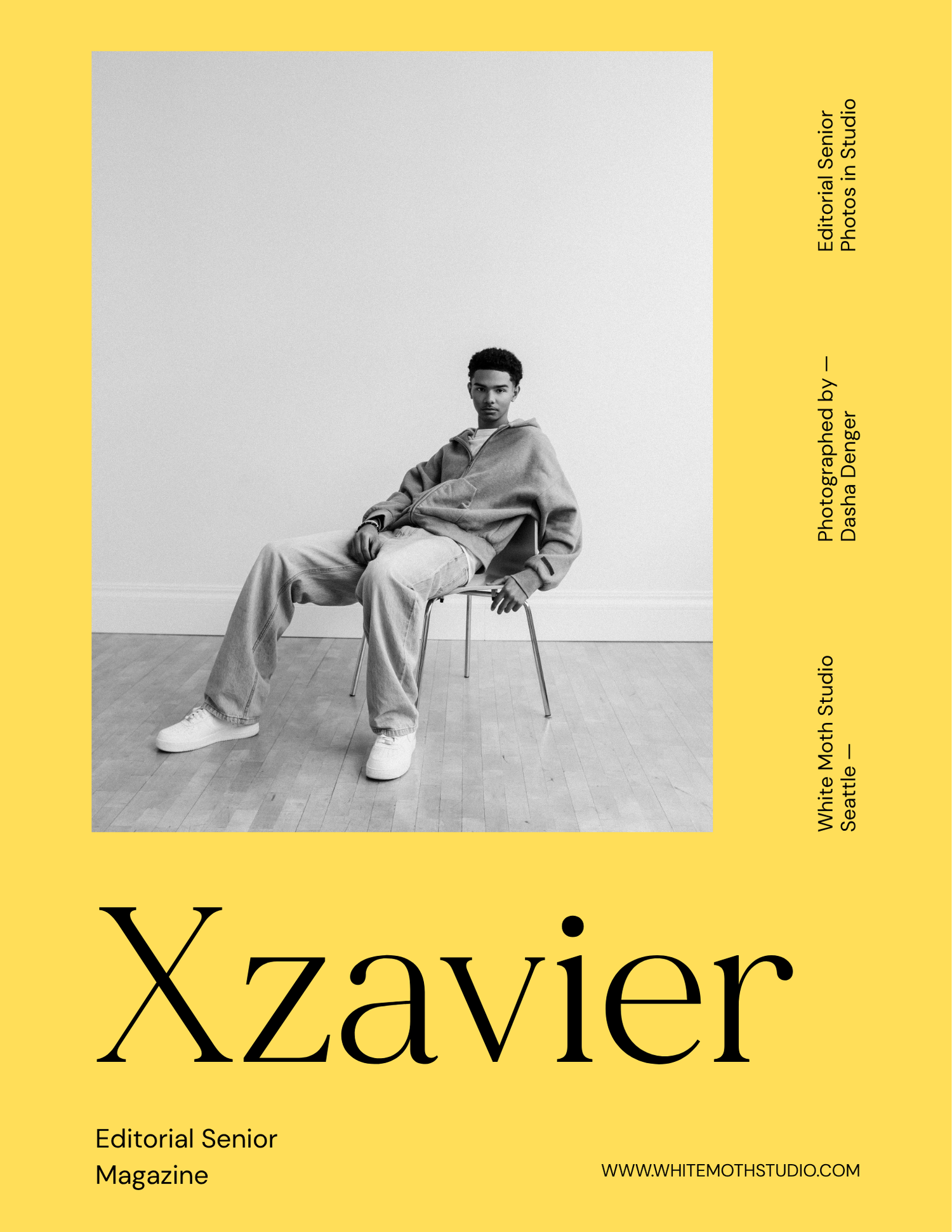 Yellow editorial senior magazine cover featuring a young man in gray outfit seated on a chair, photographed by Diana Danger.
