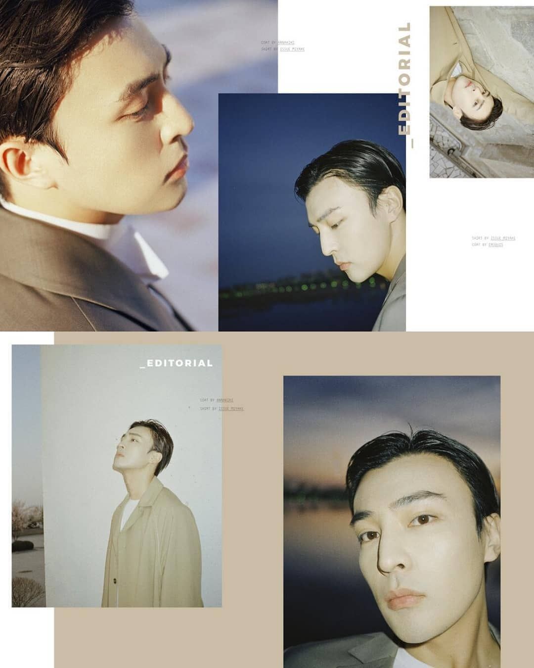 Collage of four editorial portraits of a male model in muted tones with moody outdoor lighting.