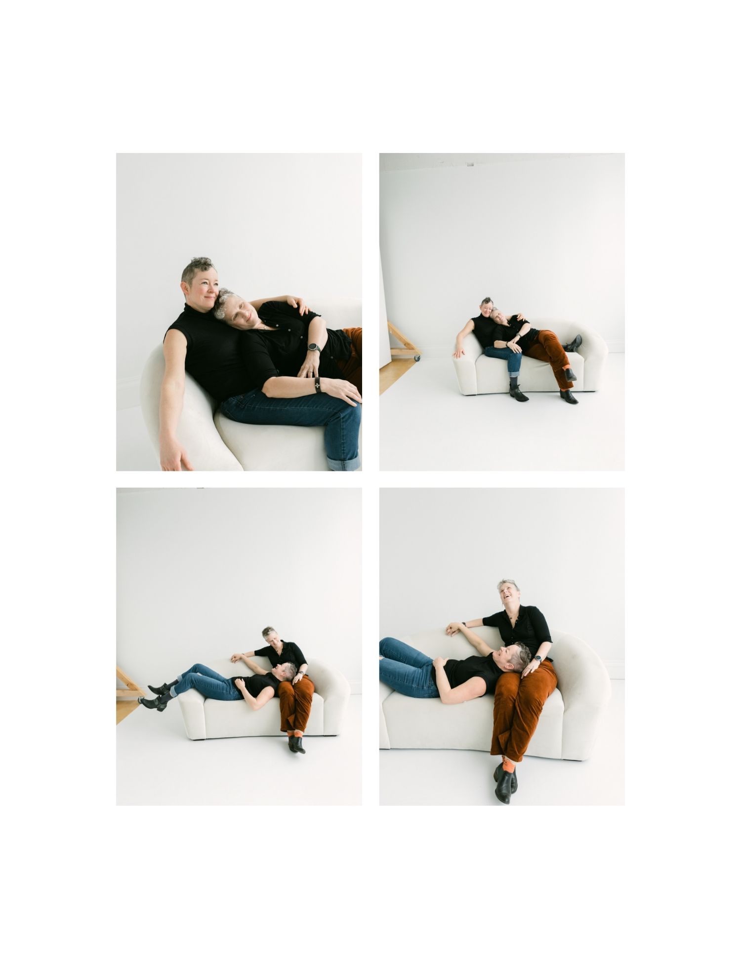 Couple posing together on a white sofa in a studio, captured in four candid positions wearing black and brown outfits.