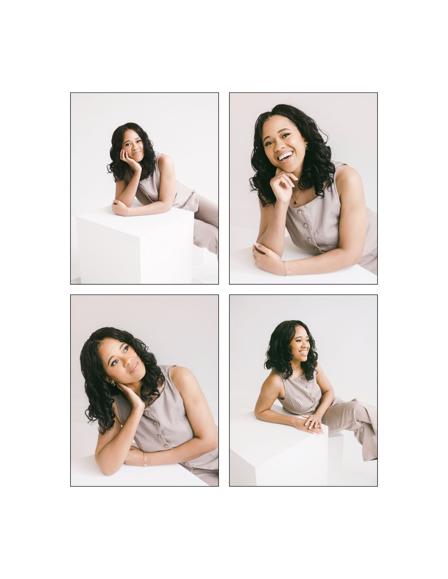 A collage of four studio portraits of a smiling Asian woman in a gray outfit posing on a white cube.