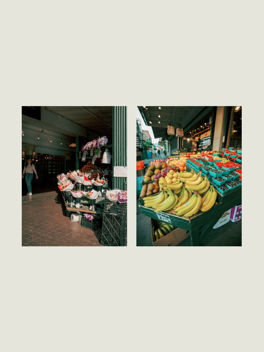 A vibrant farmers market diptych showing a flower stall and a colorful fruit stand with bananas and berries.