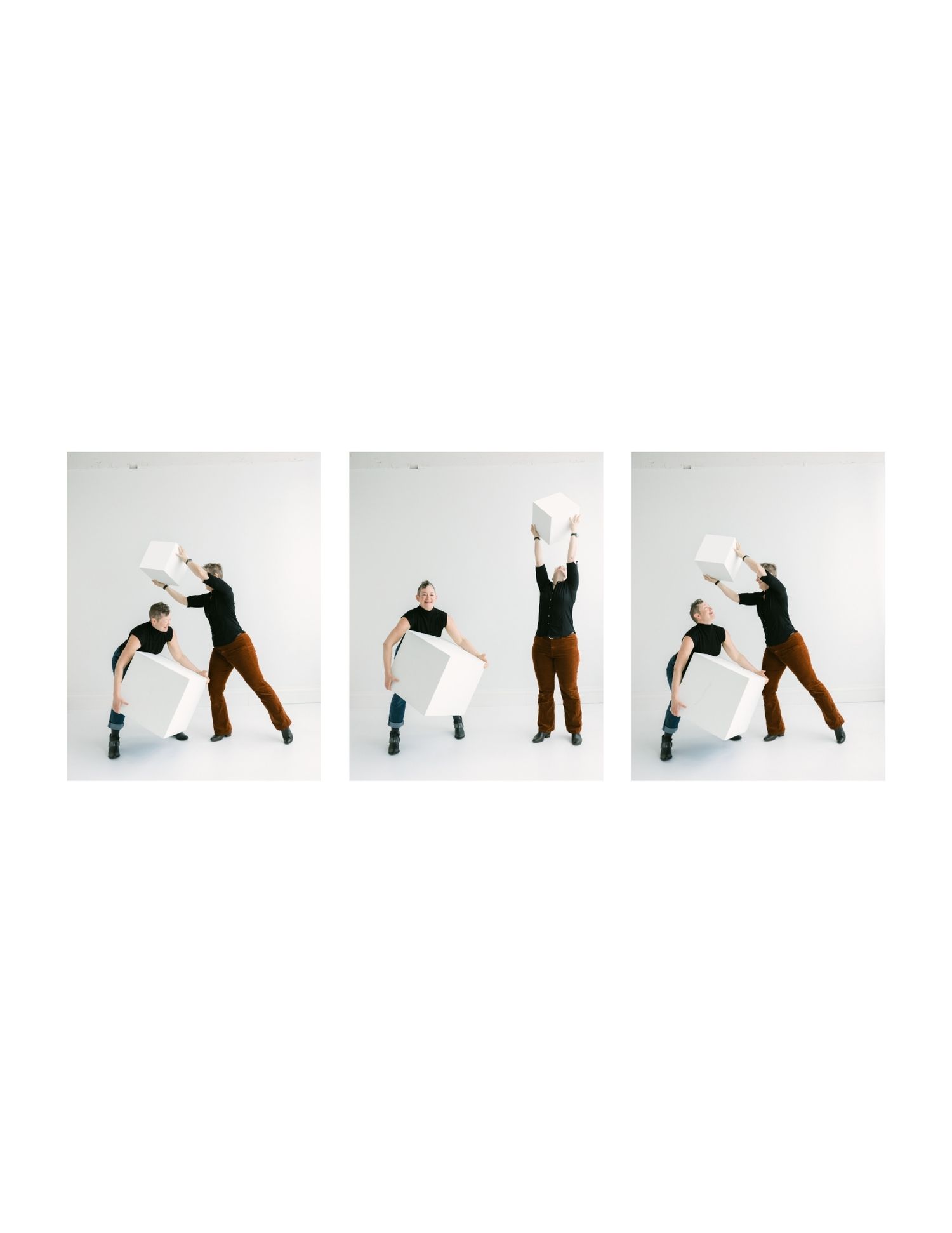 Triptych of a dancer in black top and brown pants dynamically lifting a white cube overhead against white background.