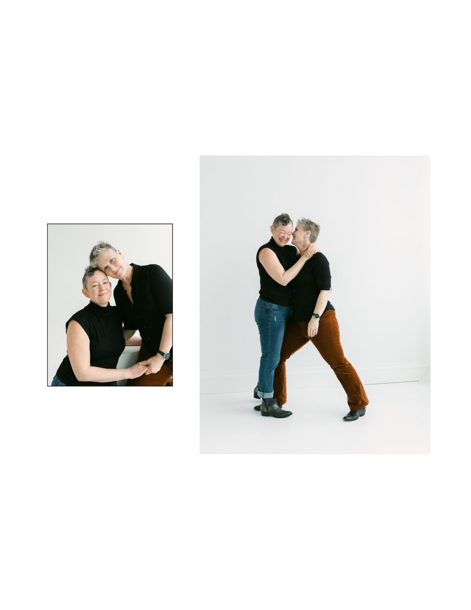 Couple in black tops sharing a tender moment, posing together in two photos, one casual embrace and one playful dance.