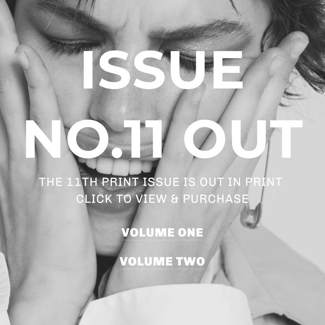 Issue No.11 out announcement with man covering face, promoting print magazine volumes one and two.