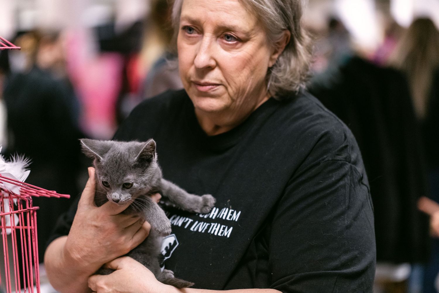 Older woman in black t-shirt holding a small gray kitten at an indoor event.