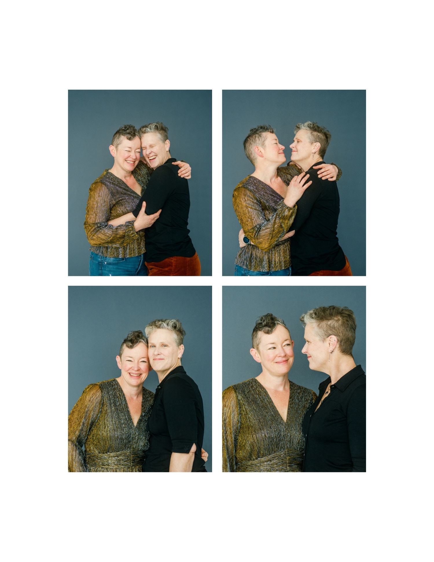 Two short-haired women embrace and pose together in four photo booth style portraits against a blue-gray background.