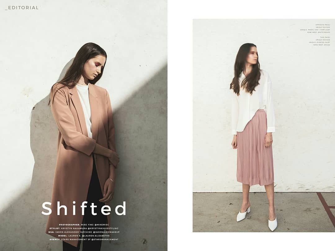 Editorial fashion spread titled Shifted featuring model in pink coat and pleated skirt.