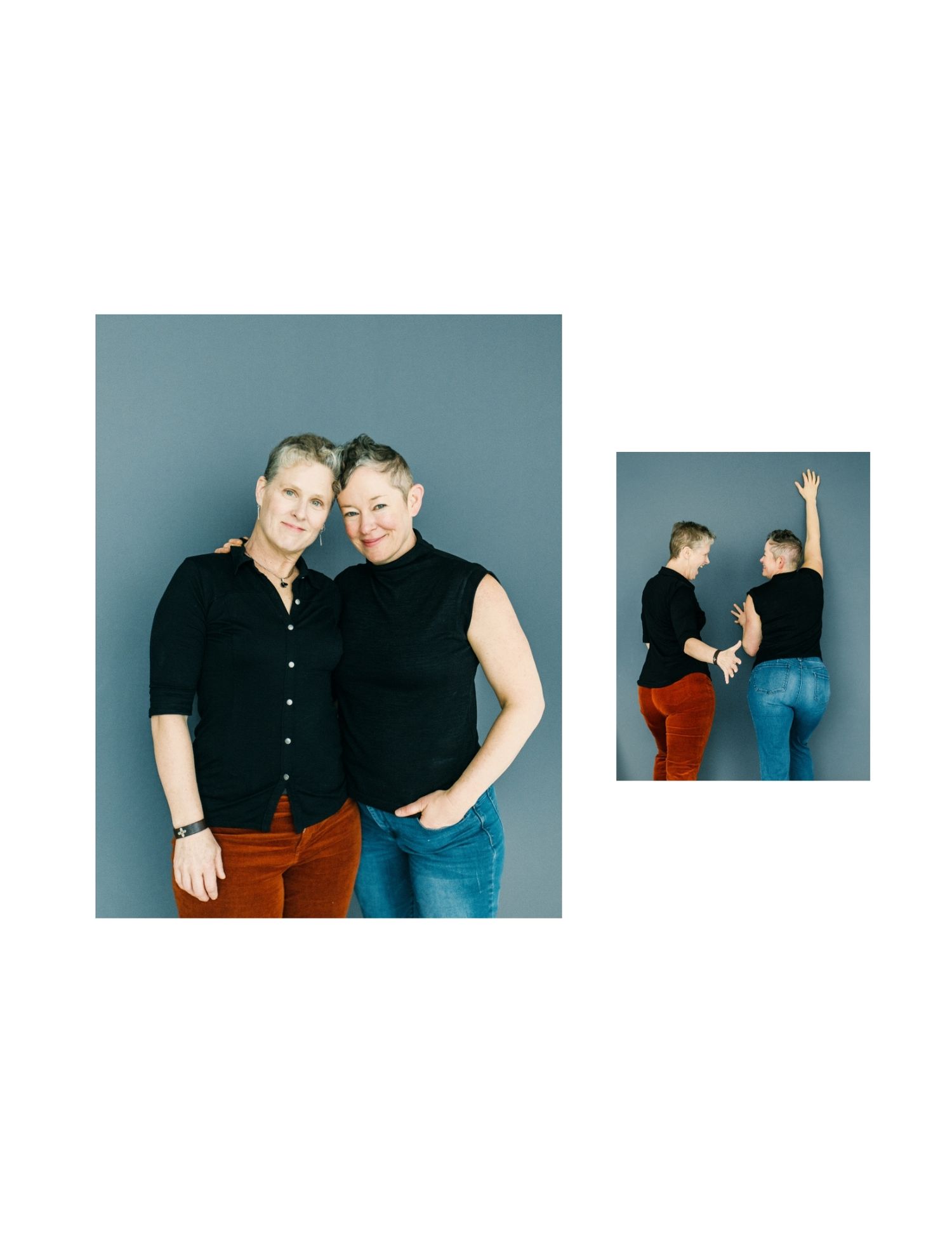 Two women in black tops and colorful pants pose together in a studio, shown in two photos: a portrait and a playful pose.