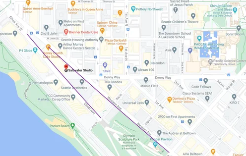 Seattle map showing Capitol Studio location near Pike Place Market with surrounding streets and landmarks.