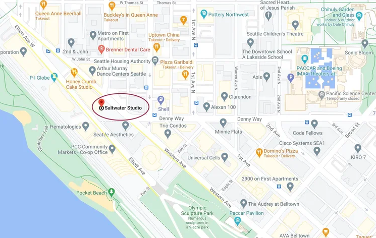 Google Maps view showing Saltwater Studio location in Seattle, WA neighborhood with surrounding streets and landmarks.