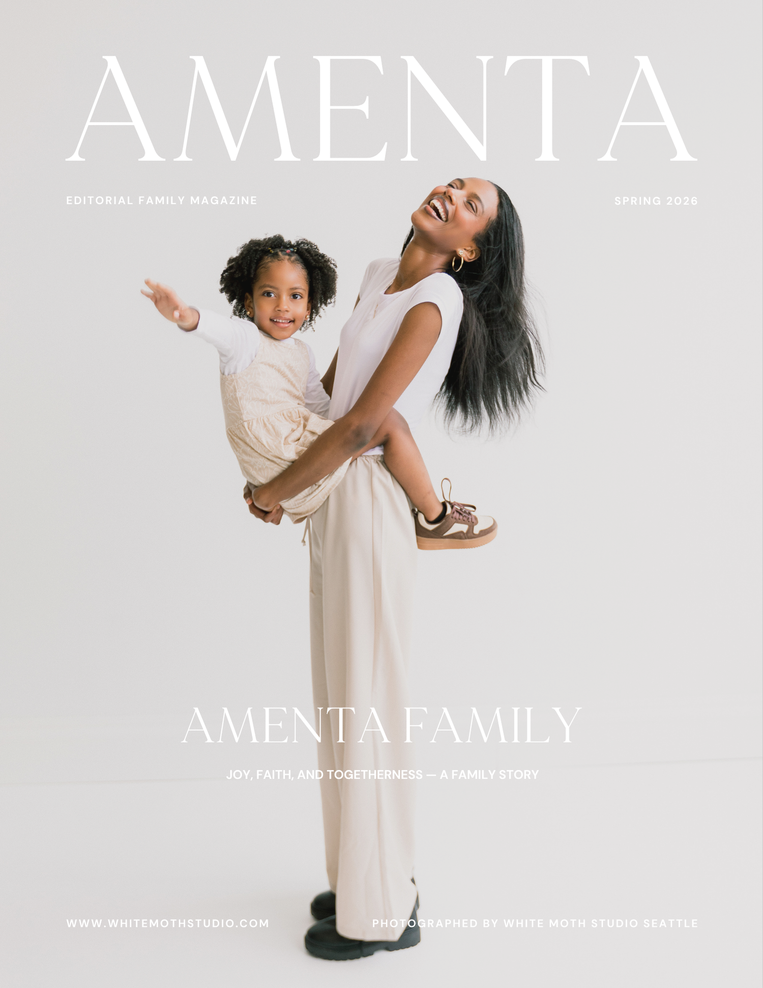Cover of Amenta Family Magazine featuring a joyful mother in white holding her smiling child against a light background.