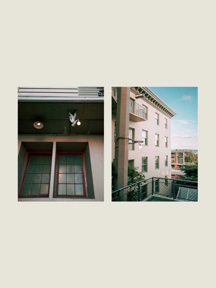 Diptych of green-framed doors with overhead lights and a beige apartment building exterior with balconies.