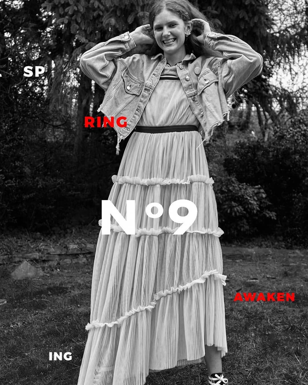 Black and white Editorial No.9 Spring Awakening fashion spread with model in ruffled skirt.