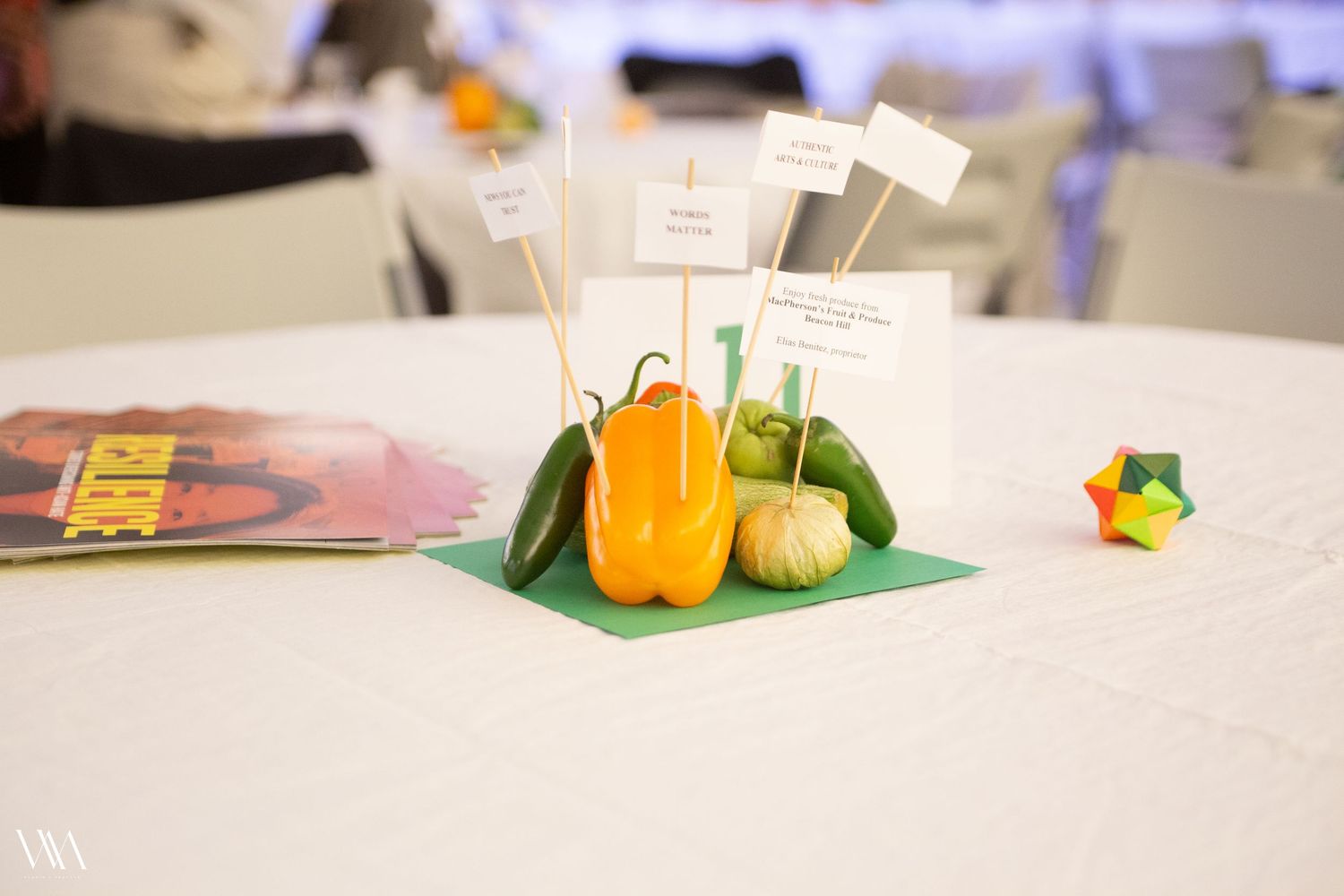 Colorful vegetable centerpiece with yellow pepper, zucchini, and squash on green mat with white place card holders on round table.