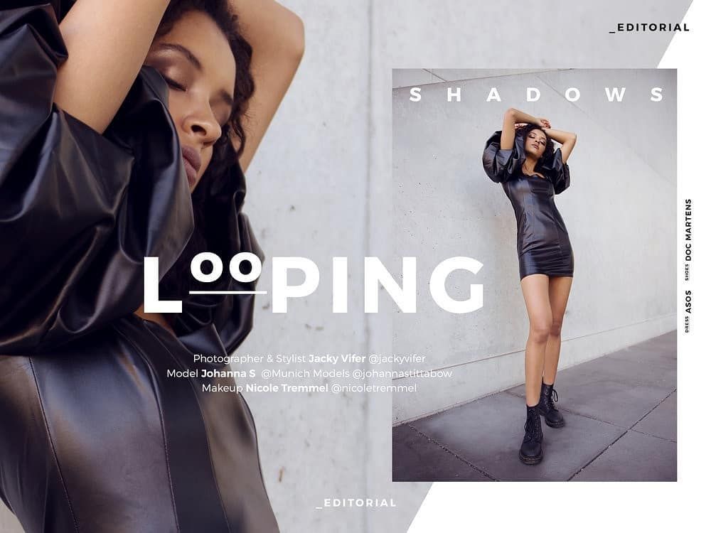 Editorial fashion spread featuring model in black leather outfit with bold LOOPING typography and SHADOWS text overlay.