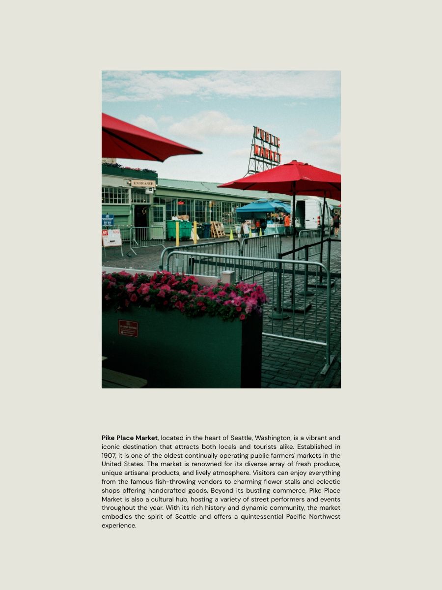 Colorful Pike Place Market in Seattle, WA, featuring vendors, flower stalls, and the iconic red sign under a cloudy sky.