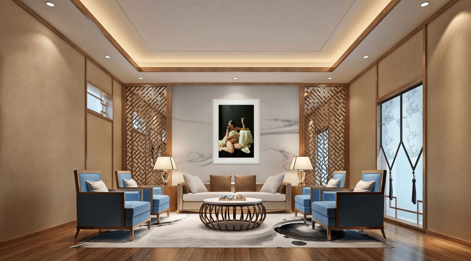 Luxurious hotel lobby with modern lighting design and elegant seating arrangements.