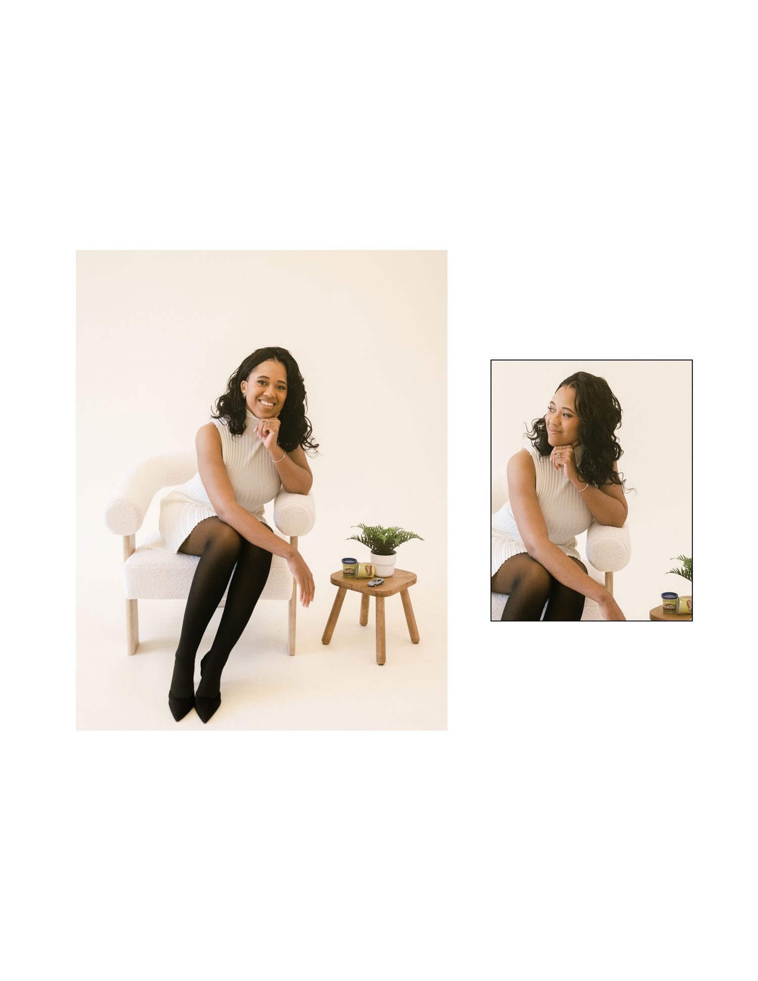 Woman in white dress sitting elegantly on a chair, smiling confidently in a bright studio setting.