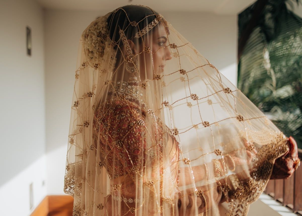 Intricate wedding dress veil with delicate lace details and flowing tulle.