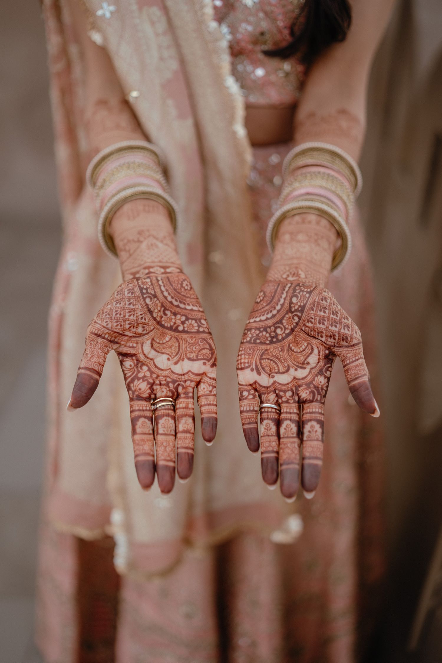 Intricate henna designs adorn both palms showcasing traditional Indian bridal mehndi art in rich reddish-brown tones.