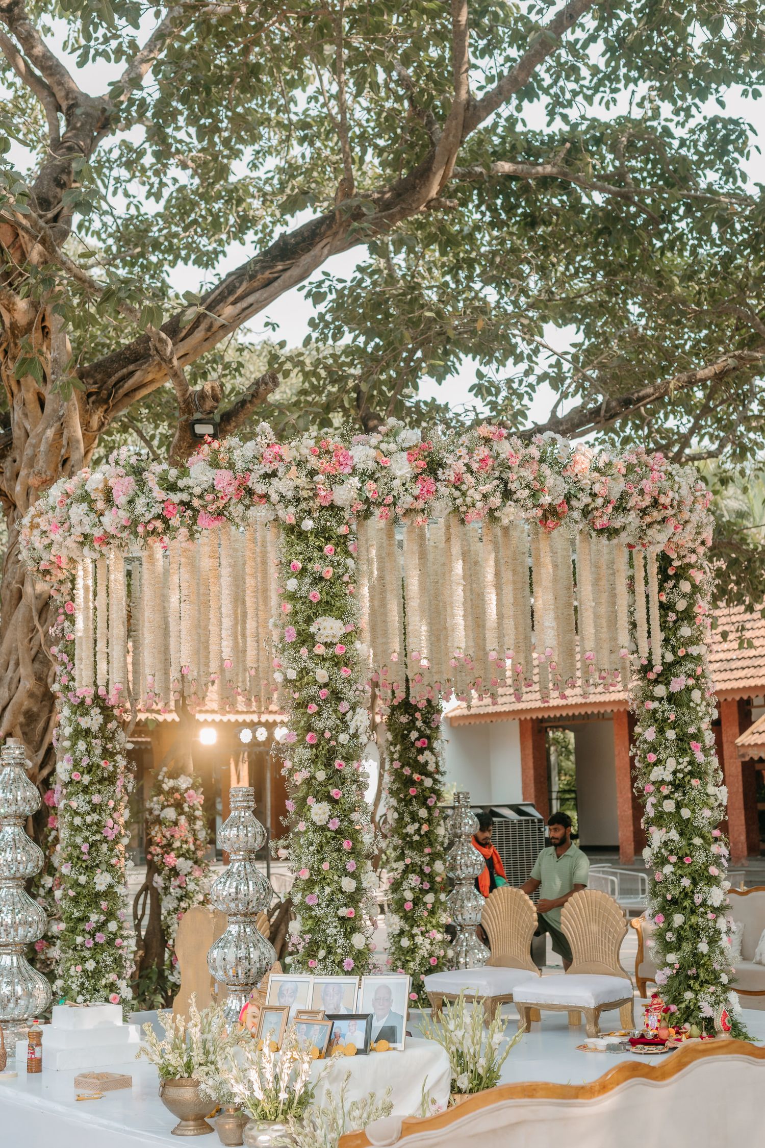 Elegant outdoor wedding mandap adorned with pink roses and white floral garlands beneath a large tree.