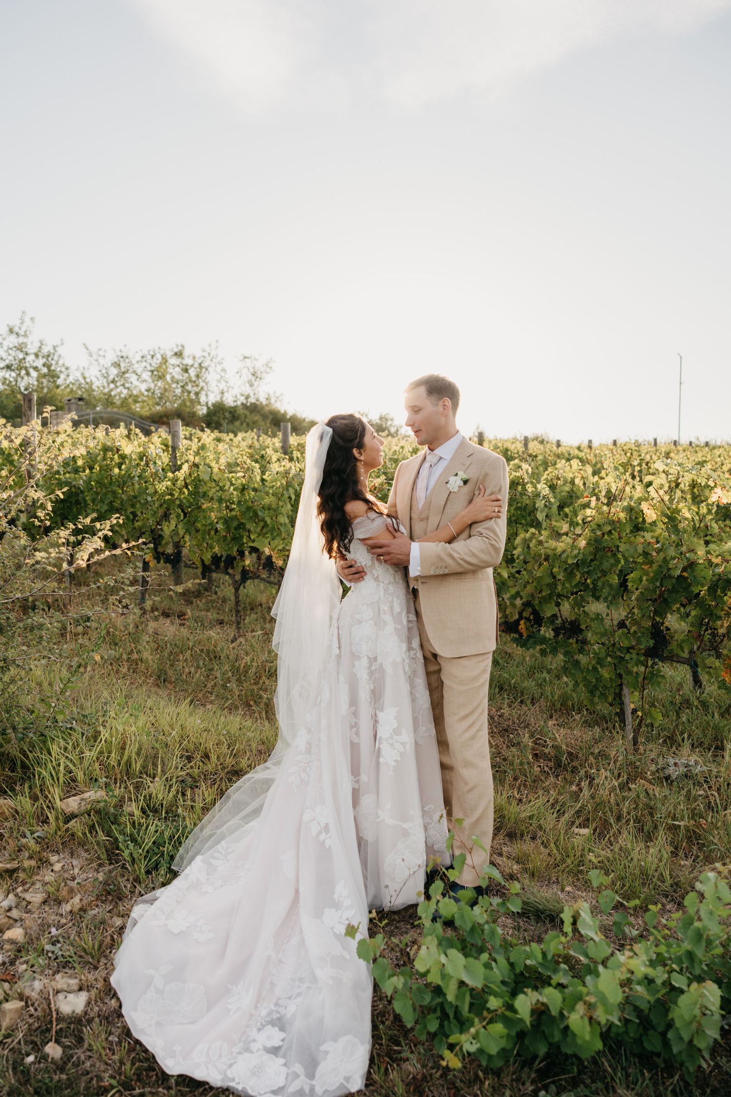 Newlyweds share intimate moments in a vineyard setting during golden hour in Italy.