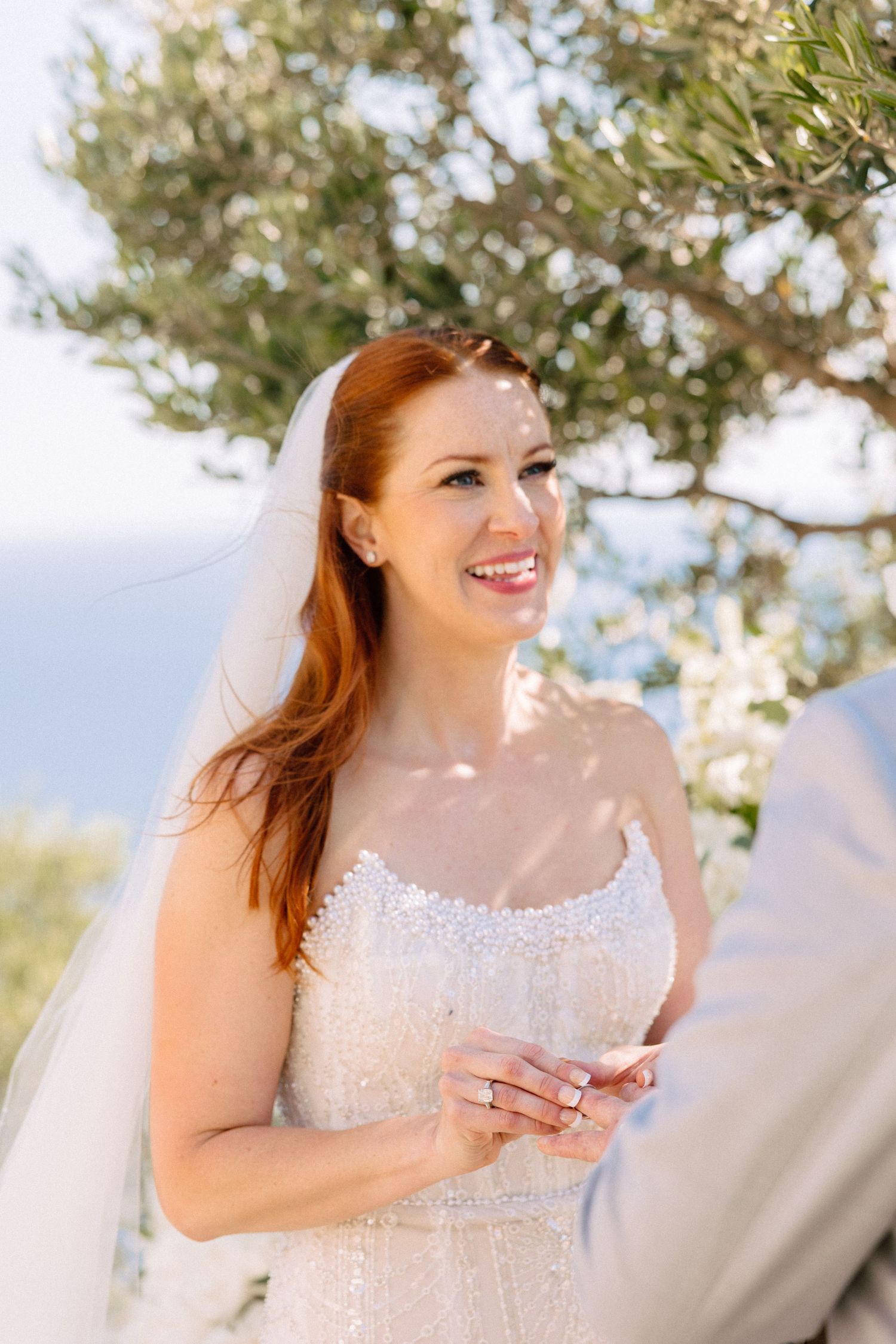 Bride in lace dress standing among olive trees with sunlight creating a dreamy atmosphere.