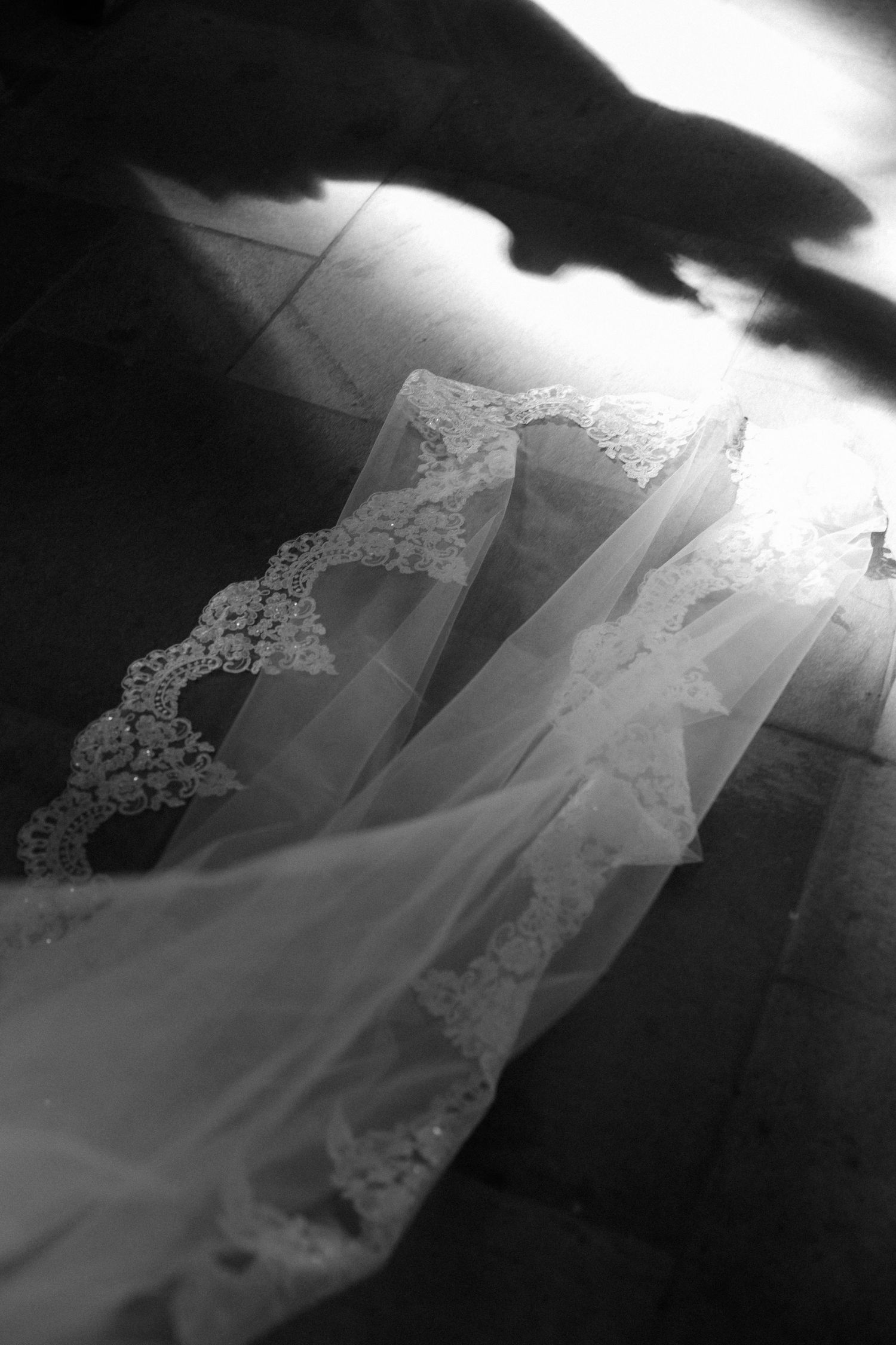 Artistic black and white detail shot of lace wedding dress and veil in dramatic lighting.