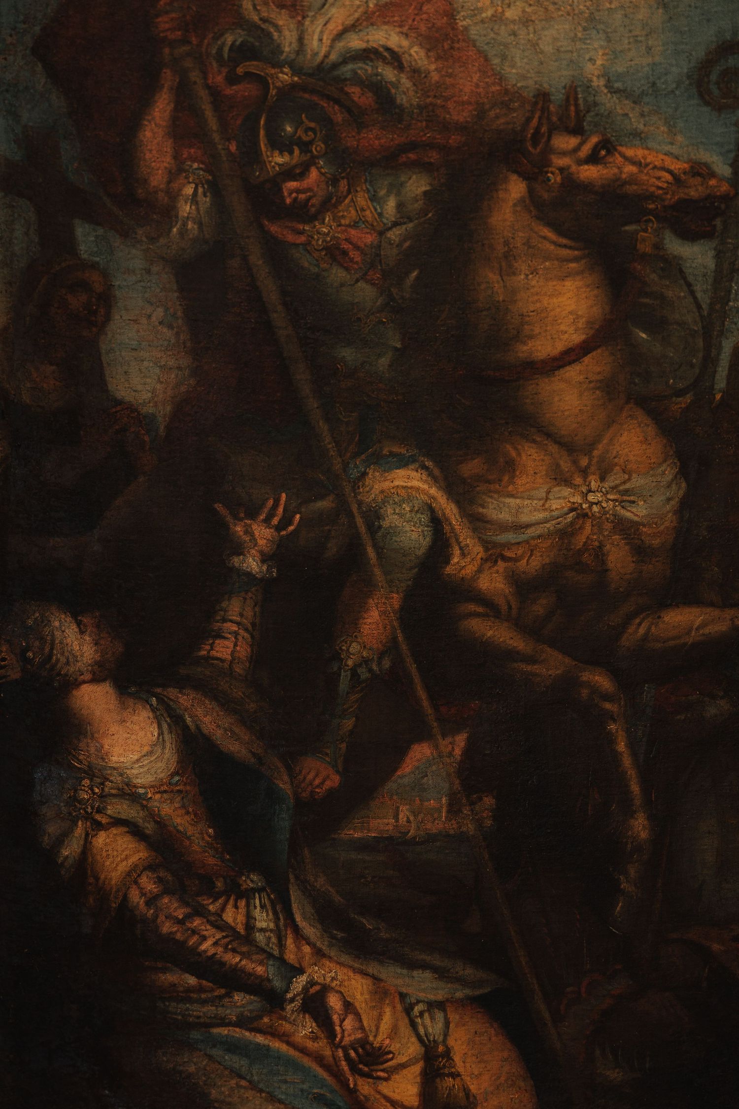 Dark and moody Renaissance-style oil painting depicting dramatic figures in warm tones.