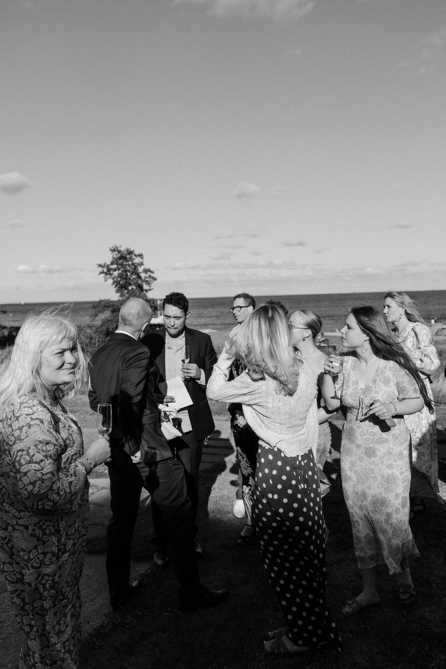 Wedding guests mingling outdoors against a scenic landscape backdrop.