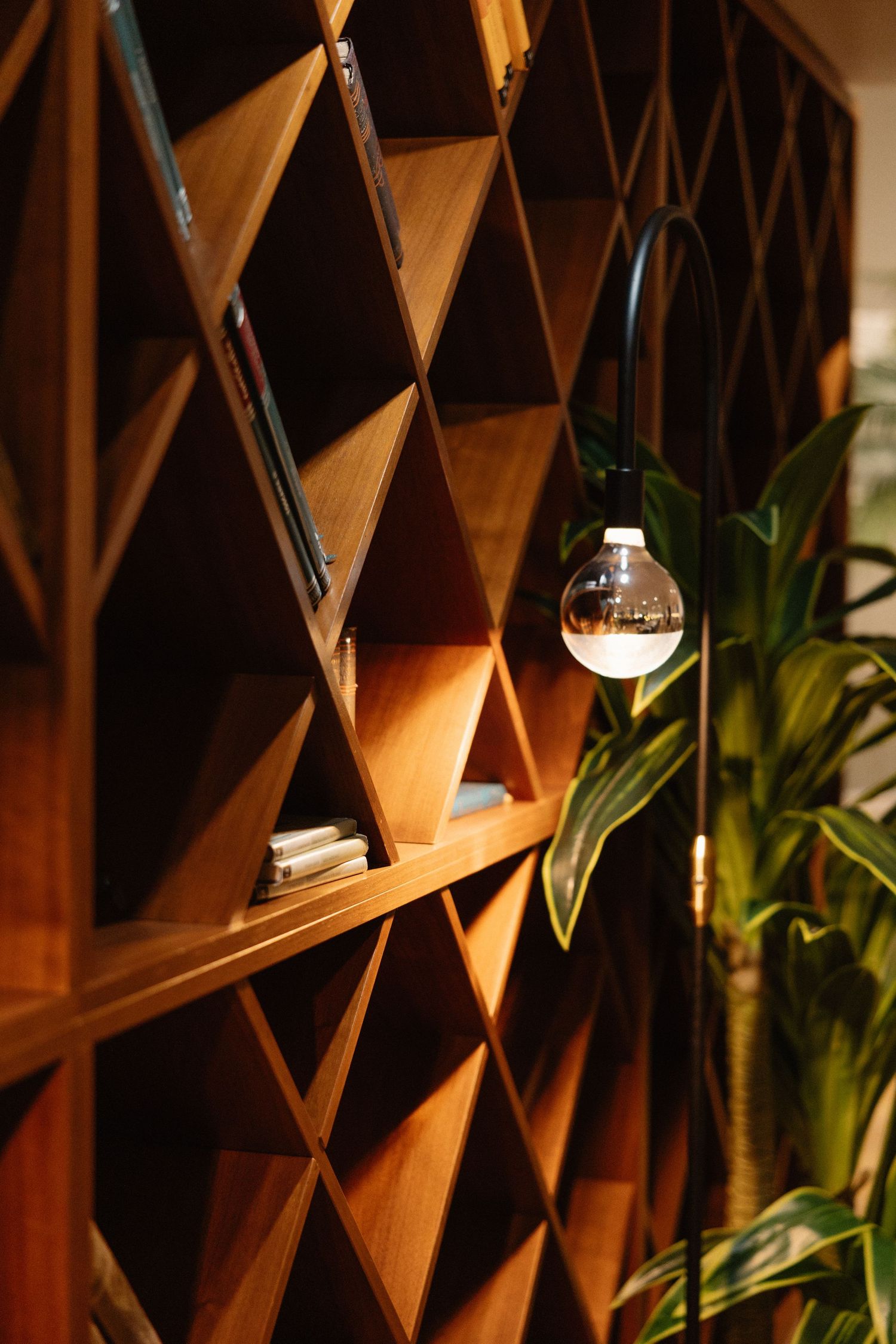 Warm-lit geometric wooden bookshelf with diamond pattern, glowing Edison bulb, and tropical plant decor.
