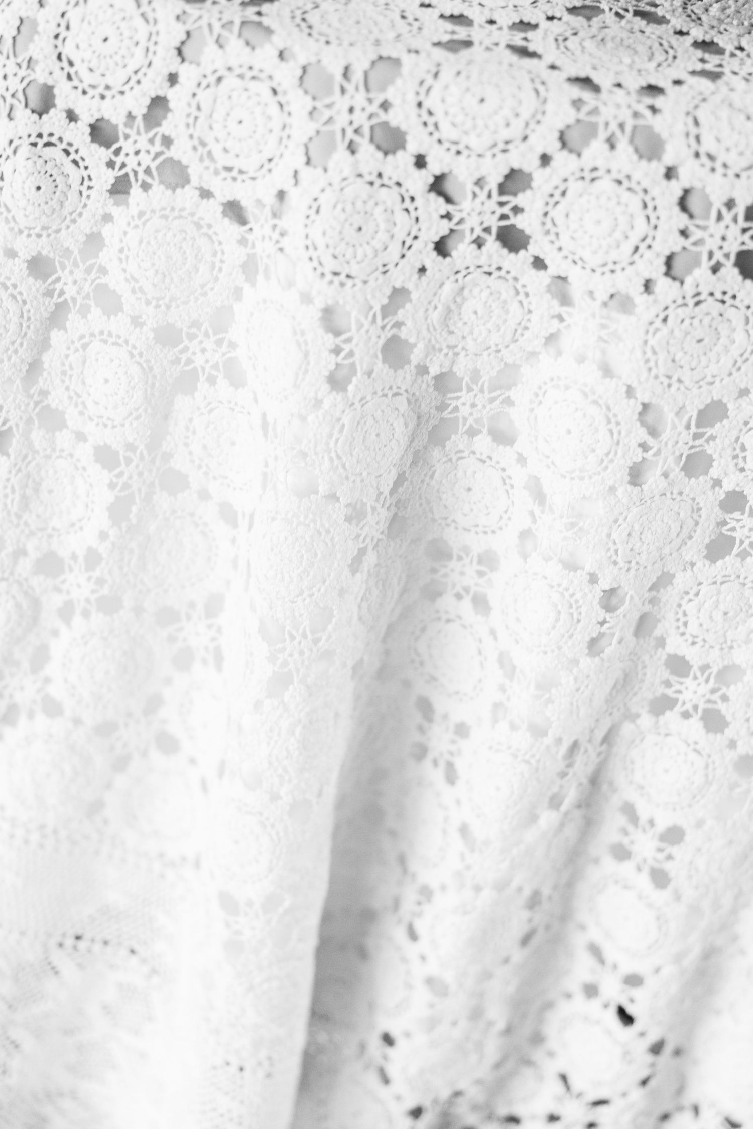 Close-up detail of white lace fabric with delicate floral eyelet patterns.
