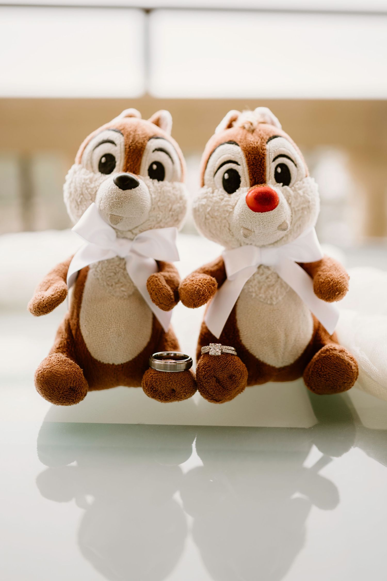 Two plush chipmunk toys sitting together as wedding decor.